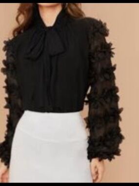 SHEIN Black Bow-Tie Blouse with 3D Petal Sleeves
